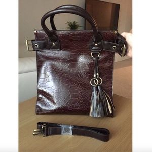 Brown Square Leather Purse with Gold Belt Tassels